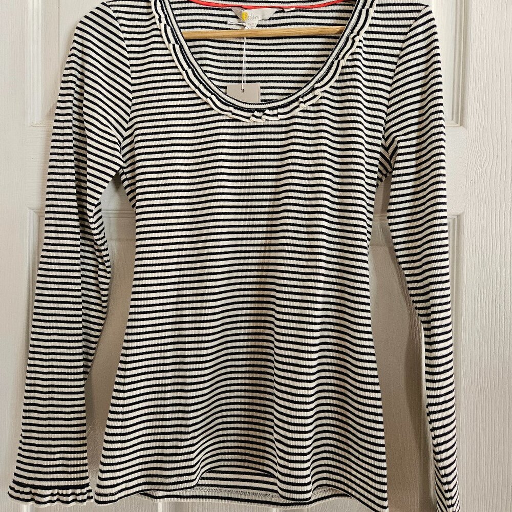BODEN Voop Rib Frill Ruffled Neck Long Sleeved Navy Striped Shirt NWT